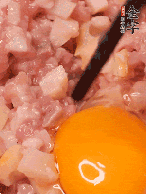 豬肉末、咸肉丁，分次加蔥姜水，一勺糖、一丟白胡椒，春筍丁，打入一個雞蛋